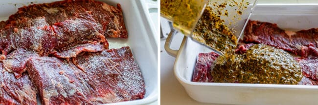 salted steaks in a pan, adding marinade from a blender into the pan