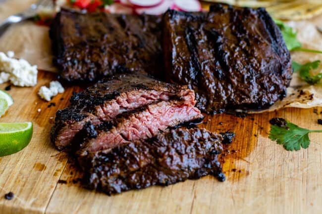 grilled skirt steak on a cutting board cut against the grain