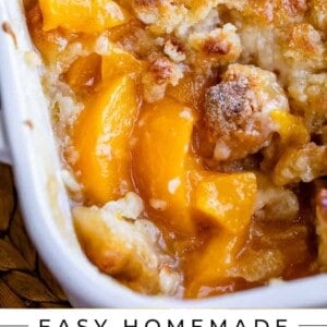 easy peach cobbler in a white casserole dish