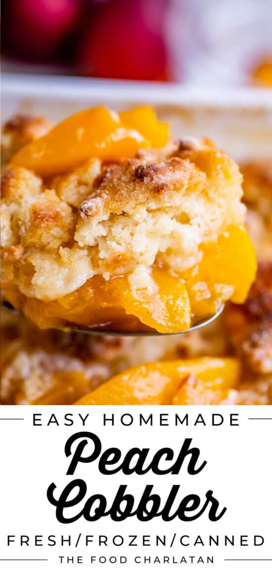 spoon lifting peach cobbler recipe from a pan