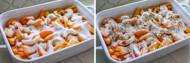 peaches in a casserole dish sprinkled with sugar; peaches sprinkled with flour and spices