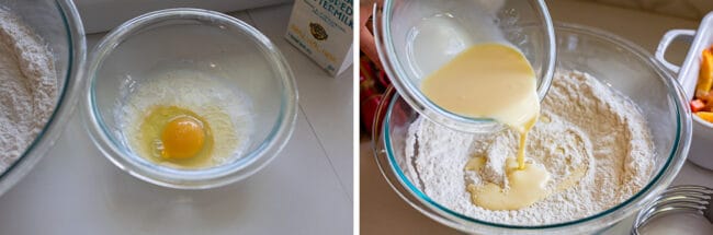egg and buttermilk in a bowl; pouring mixture over dry ingredients in a bowl