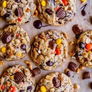 Reese's peanut butter cookies on a sheet pan from overhead