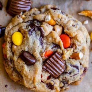 Pretzel Reese's peanut butter cookies on a pan