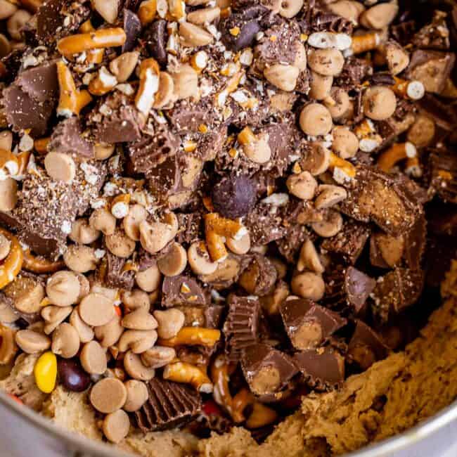 chopped up mix in ingredients for Reese's cookies.