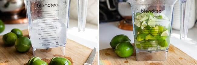 pitcher of ice water with limes, chopped limes in the water.