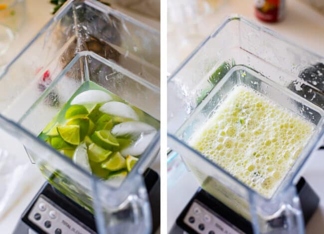 limes and ice water in a blender