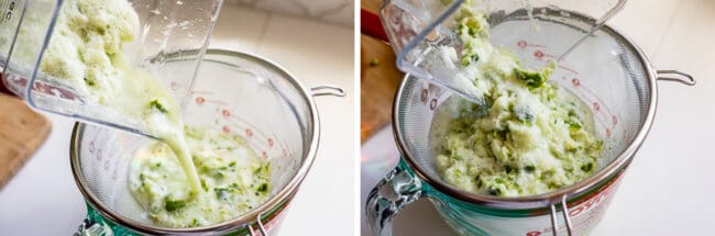 blended limes in a strainer.