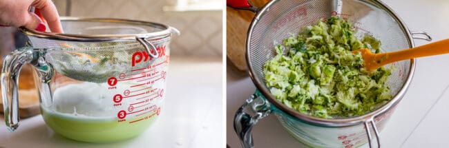 pressing blended limes into a glass measuring cup through a strainer.