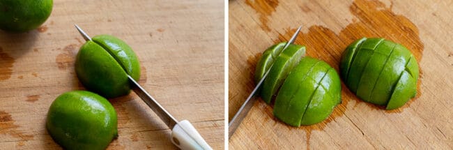 slicing limes into small pieces for blending into limeade.