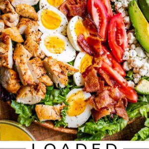 homemade cobb salad recipe on a wooden plate