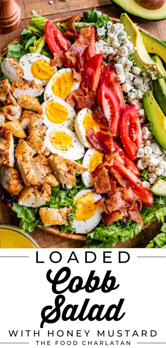 homemade cobb salad recipe on a wooden plate