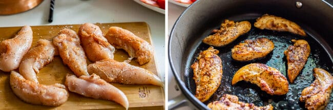 raw chicken rubbed with spices on a cutting board, chicken seared in a pan.