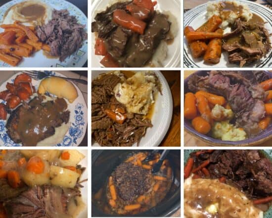 9 plates of crock pot pot roast with carrots and potatoes