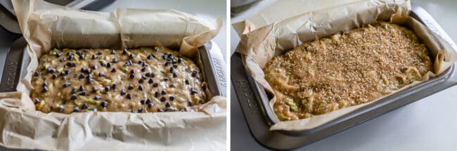 one pan of zucchini bread topped with chocolate chips; one pan topped with cinnamon sugar.