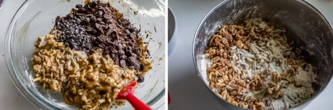 adding chocolate chips to zucchini bread batter; adding nuts to batter.