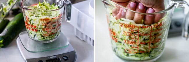 shredded zucchini on a scale; pressing down zucchini in a glass measuring cup.