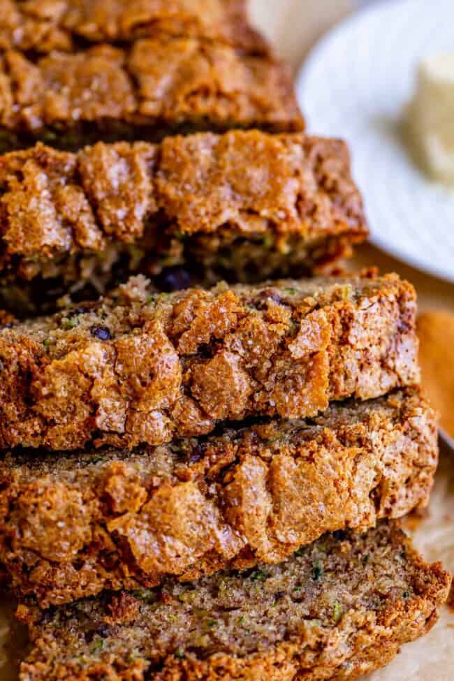 sliced zucchini bread with crackly crust.