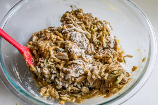 barely combined wet and dry ingredients for zucchini bread.