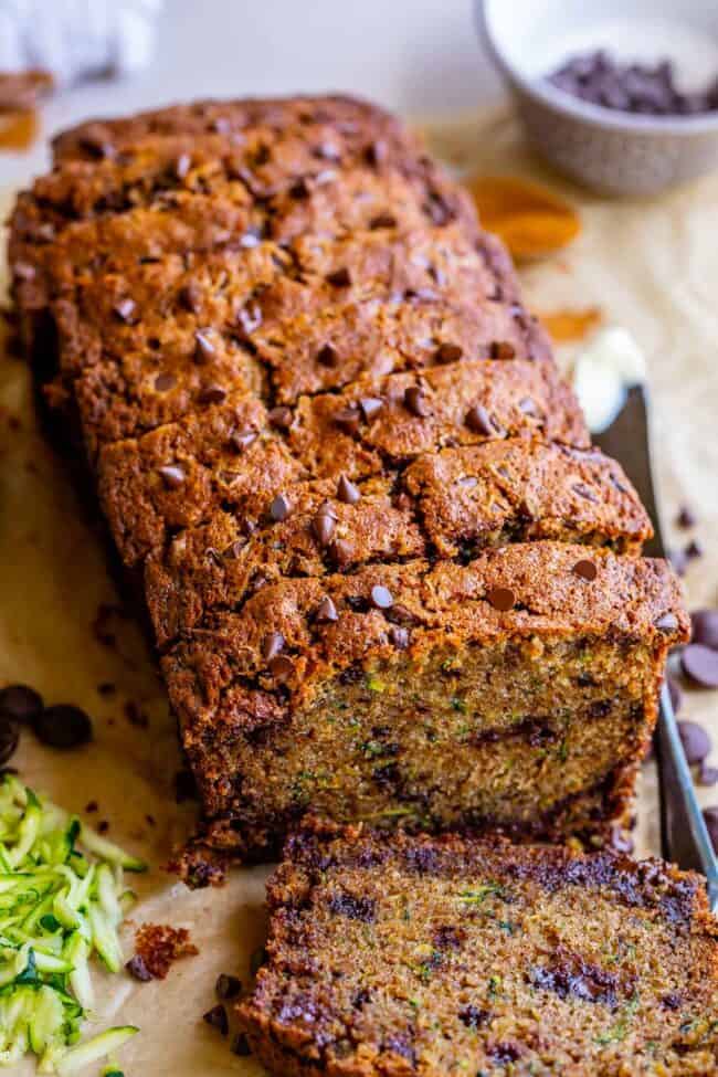 sliced loaf of zucchini bread with mini chocolate chips. 