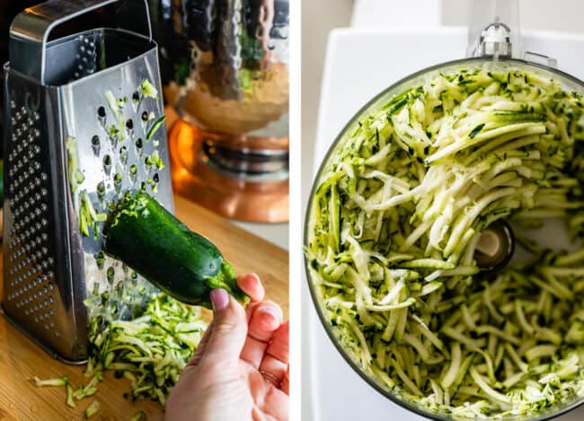 shredding zucchini with a box grater; shredding zucchini in a food processor.