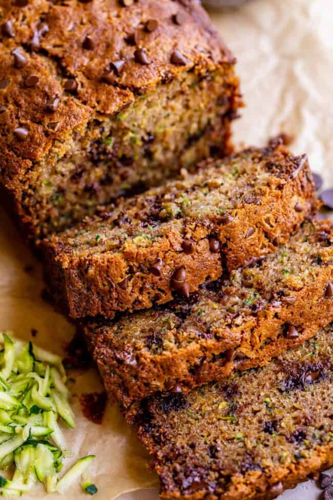 moist zucchini bread with mini chocolate chips in slices.