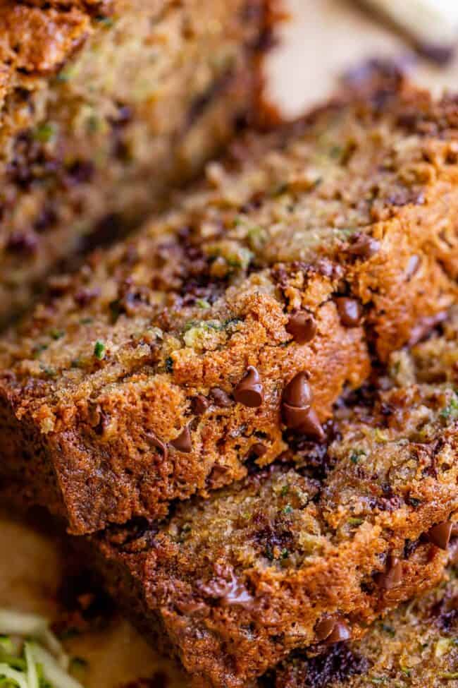 close up of sliced zucchini bread with mini chocolate chips.