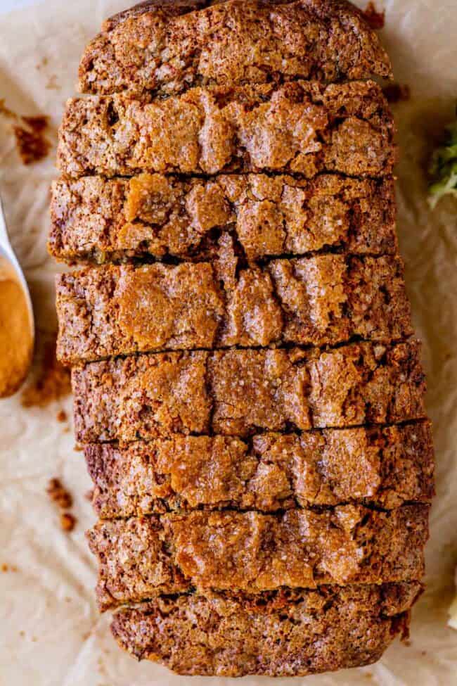 overhead shot of a sliced loaf of moist zucchini bread recipe.