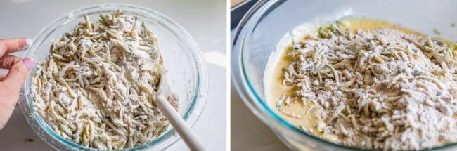 mixing shredded zucchini into dry ingredients; adding to wet ingredients.