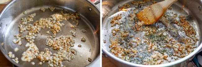 sauteed onions in a silver pan, spices and garlic added to onions in the same pan.