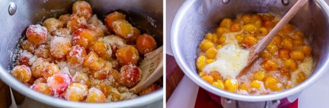 sugar coated cherries in a pot, cooked rainier cherries in a pot