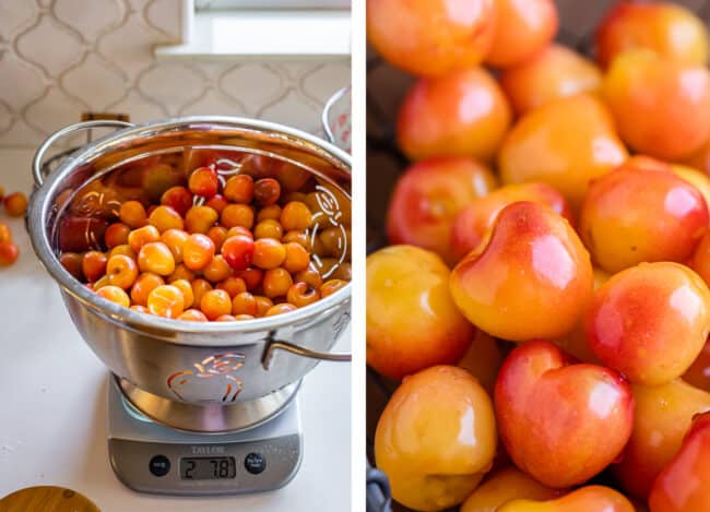 cherries in a colander being weighed on a scale, rainier cherries close up