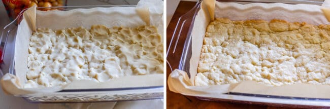 raw shortbread dough in a glass pan, baked crust in a pan