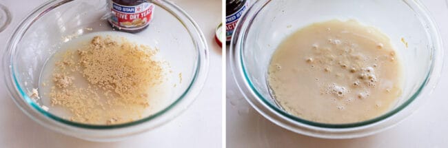 yeast and water in a bowl, then again foaming after 5 minutes.
