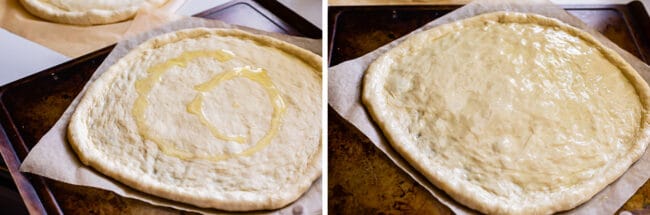 oil drizzled over raw pizza dough, rubbed in oil
