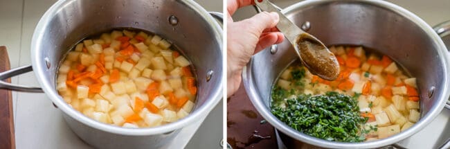 potatoes, carrots and water in a pot, adding parsley and bouillon.