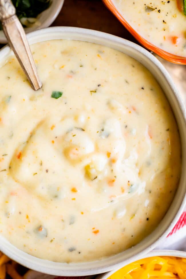 easy potato soup in a white bowl with no garnish.