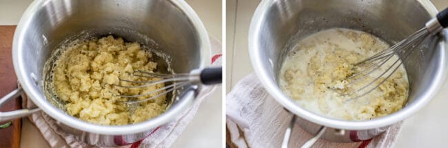 butter and flour mixture (roux), adding milk to roux.