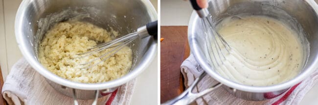 roux in a pot, swirling white sauce with whisk.