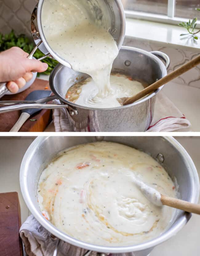 pouring white sauce into boiled vegetables.