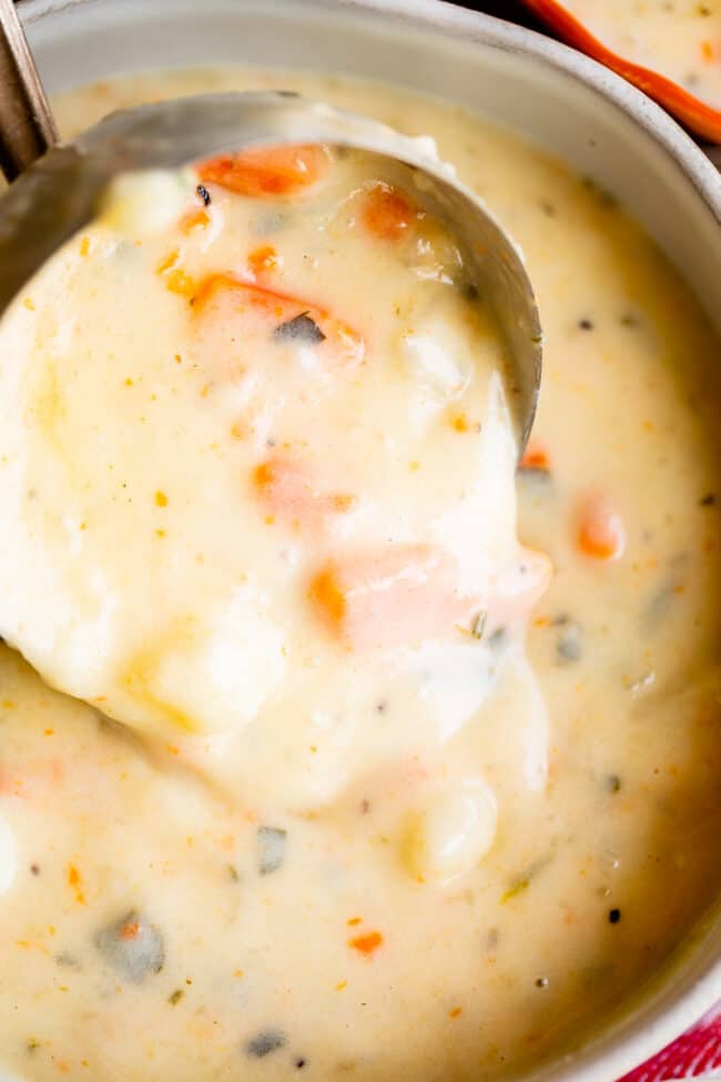 potato soup recipe ladled into a bowl.