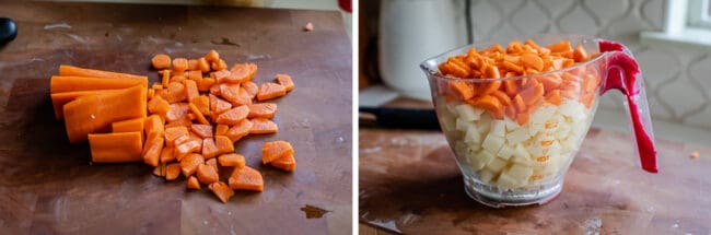 chopped carrots on a cutting board, carrots and potatoes in a measuring cup.