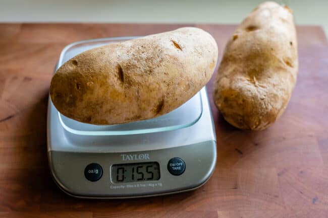 Russet potato on a scale weighing about a pound.