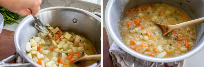 mashing potato with fork, slightly mashed soup in a pot.