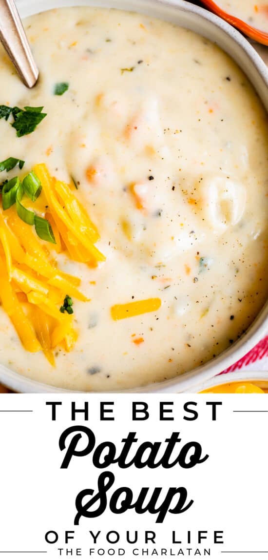 homemade potato soup recipe in a bowl with cheese