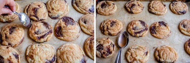 cookies on a baking sheet being pushed into themselves with a spoon