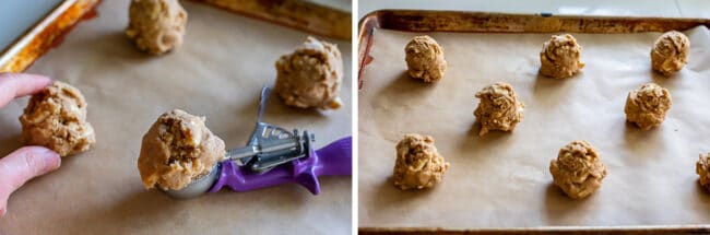 cookie scoop on a baking sheet with cookie dough balls