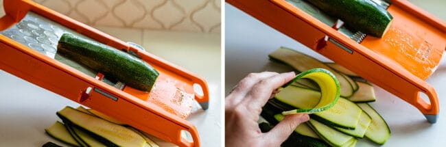 zucchini on a mandoline, bending zucchini with fingers
