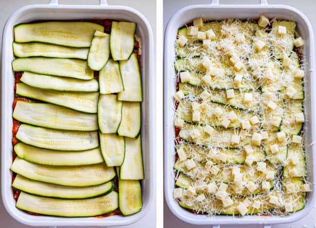 zucchini noodles layered in a pan, topped with mozzarella and parmesan