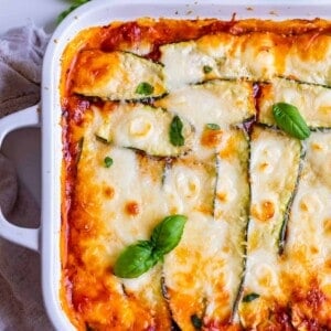 keto zucchini lasagna in a white dish